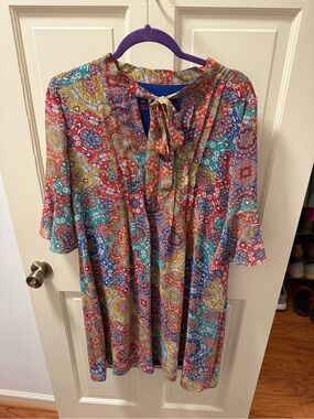Leslie Fay Multicolor Floral Paisley Tie-Neck Dress